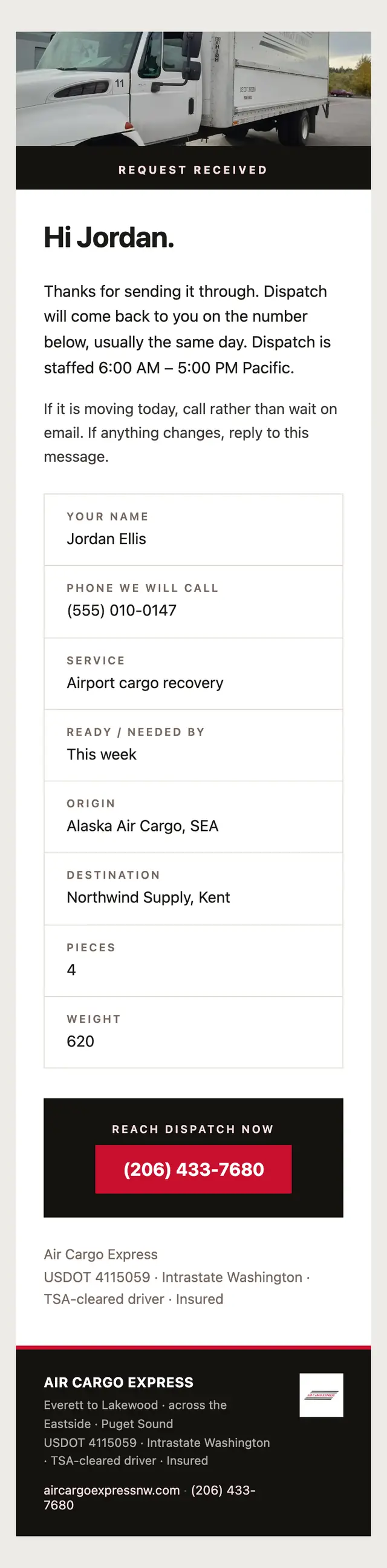 The confirmation the customer receives from the Air Cargo Express site