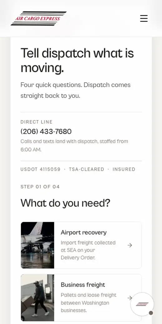 A recording of the pickup request on the Air Cargo Express site, used on a phone
