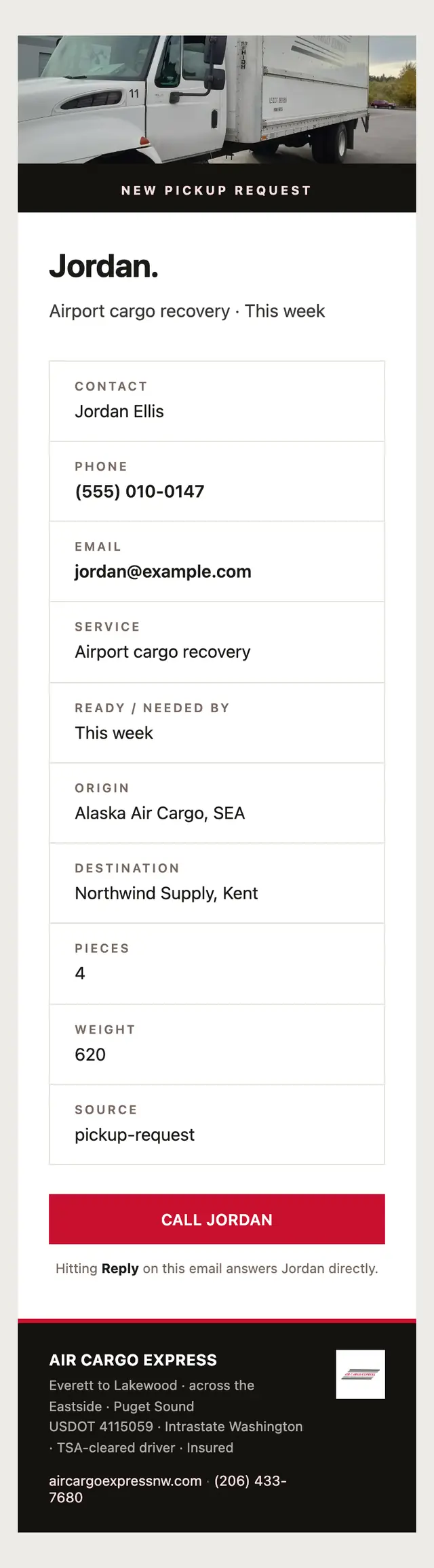 The email the Air Cargo Express site writes to the owner for a new request