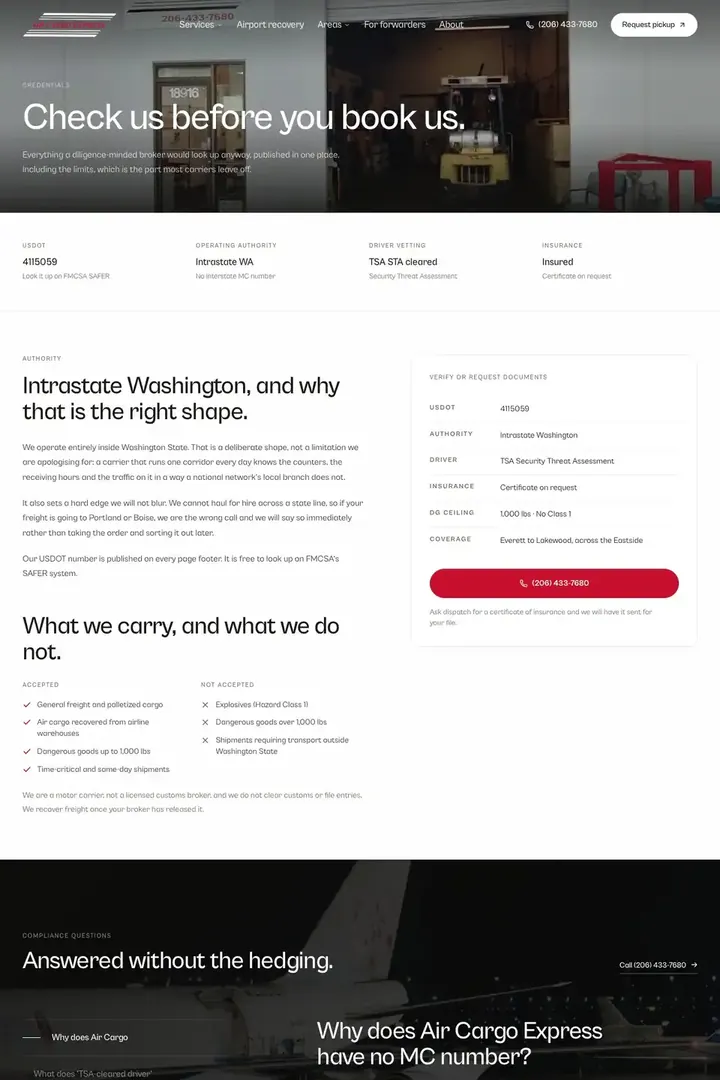 The credentials page on the Air Cargo Express site