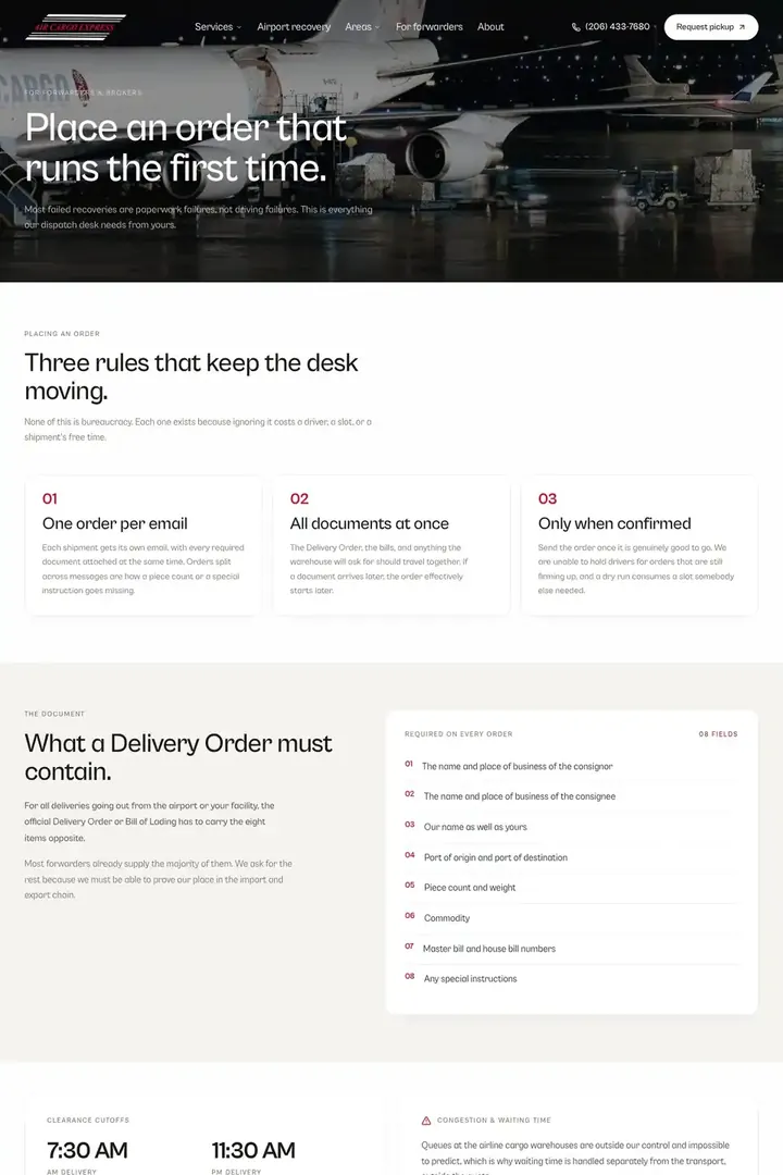 The for forwarders page on the Air Cargo Express site