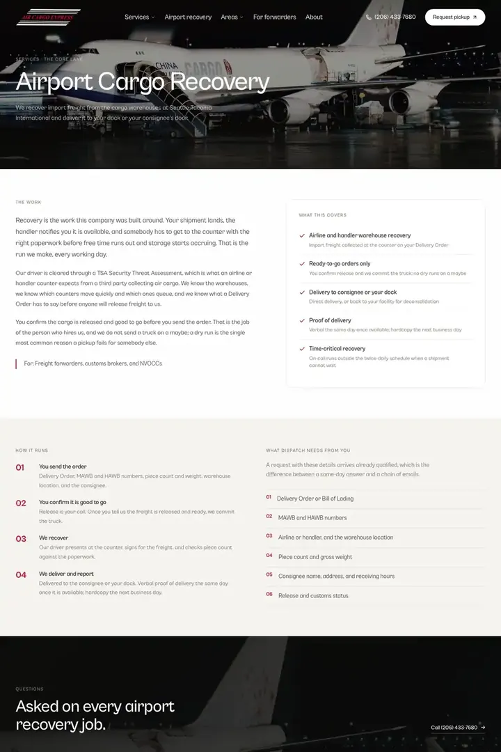 The airport recovery page on the Air Cargo Express site
