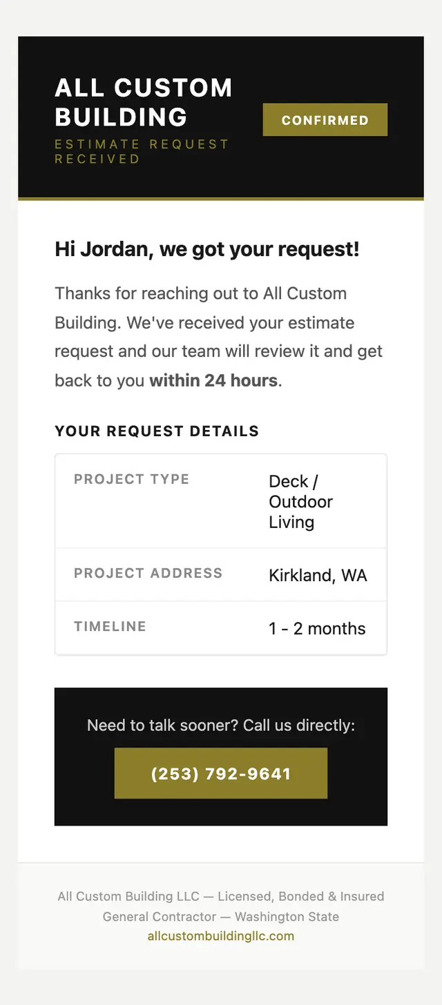 The confirmation the customer receives from the All Custom Building site