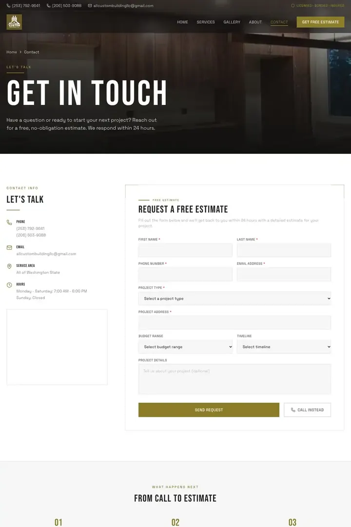 The contact page on the All Custom Building site