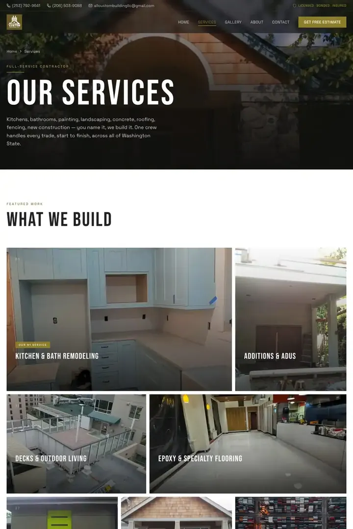The services page on the All Custom Building site