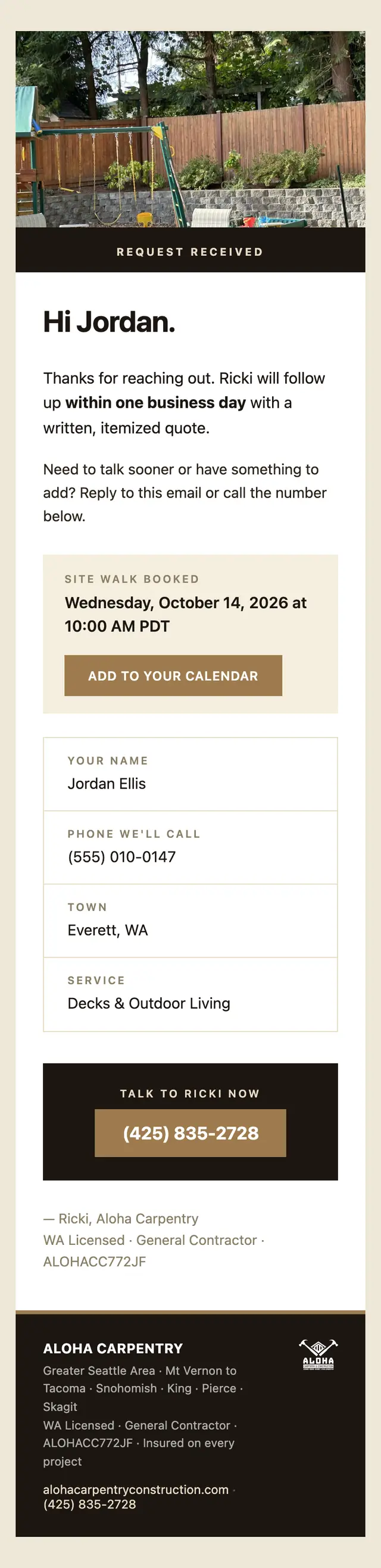 The confirmation the customer receives from the Aloha Carpentry site