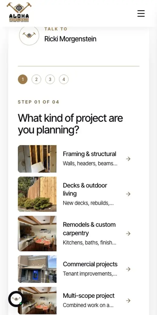 A recording of the quote wizard on the Aloha Carpentry site, used on a phone