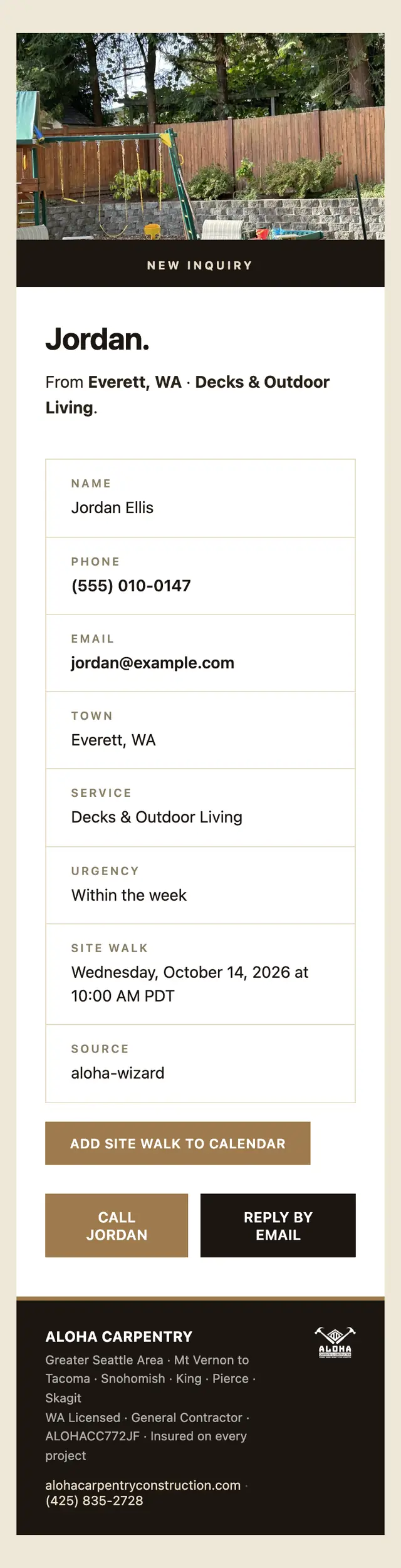 The email the Aloha Carpentry site writes to the owner for a new request