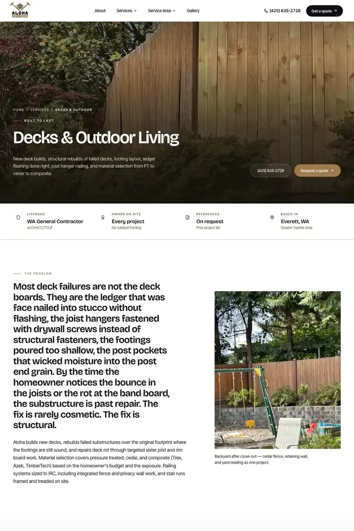 The decks page on the Aloha Carpentry site