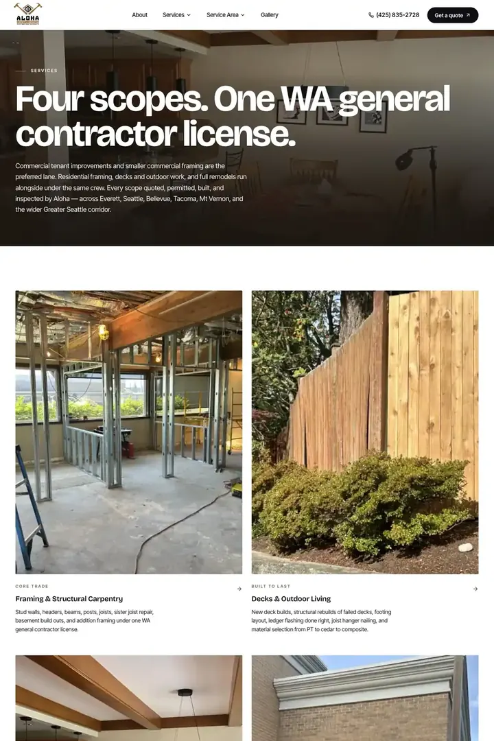 The services page on the Aloha Carpentry site