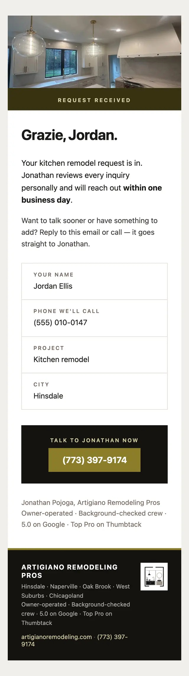 The confirmation the customer receives from the Artigiano Remodeling site