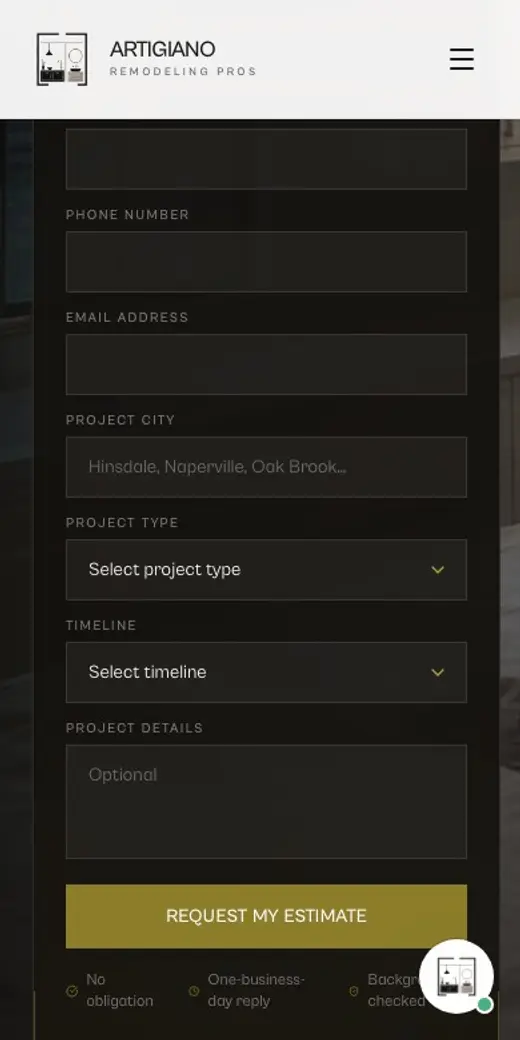 A recording of the estimate form on the Artigiano Remodeling site, used on a phone