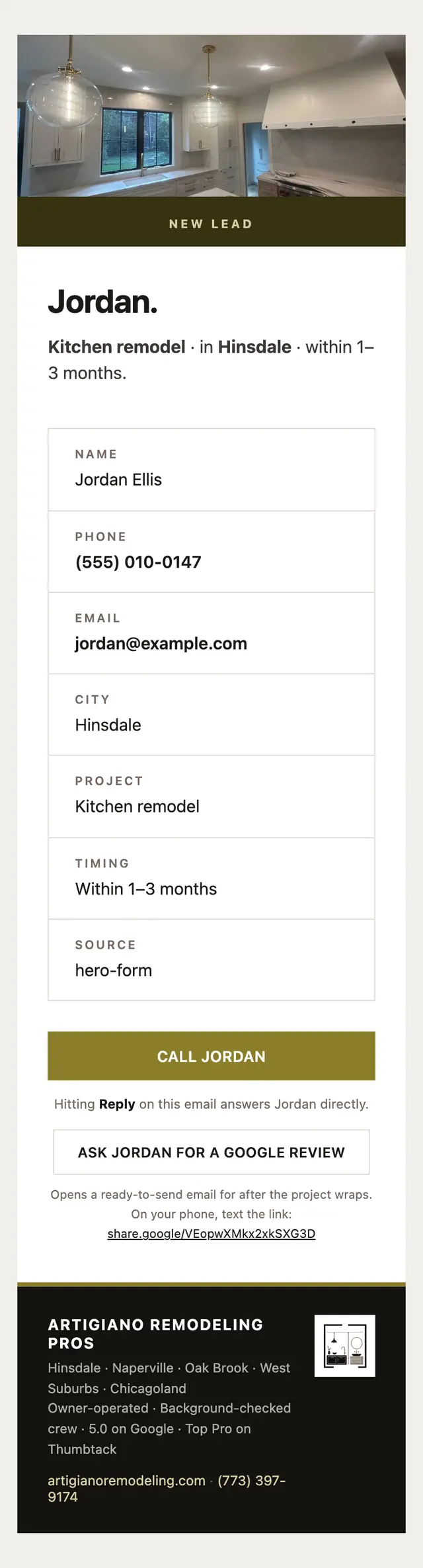 The email the Artigiano Remodeling site writes to the owner for a new request