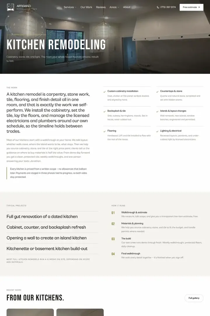The kitchen remodeling page on the Artigiano Remodeling site
