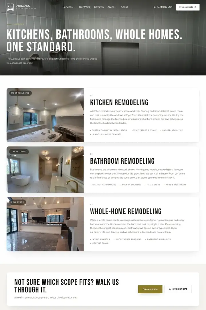 The services page on the Artigiano Remodeling site