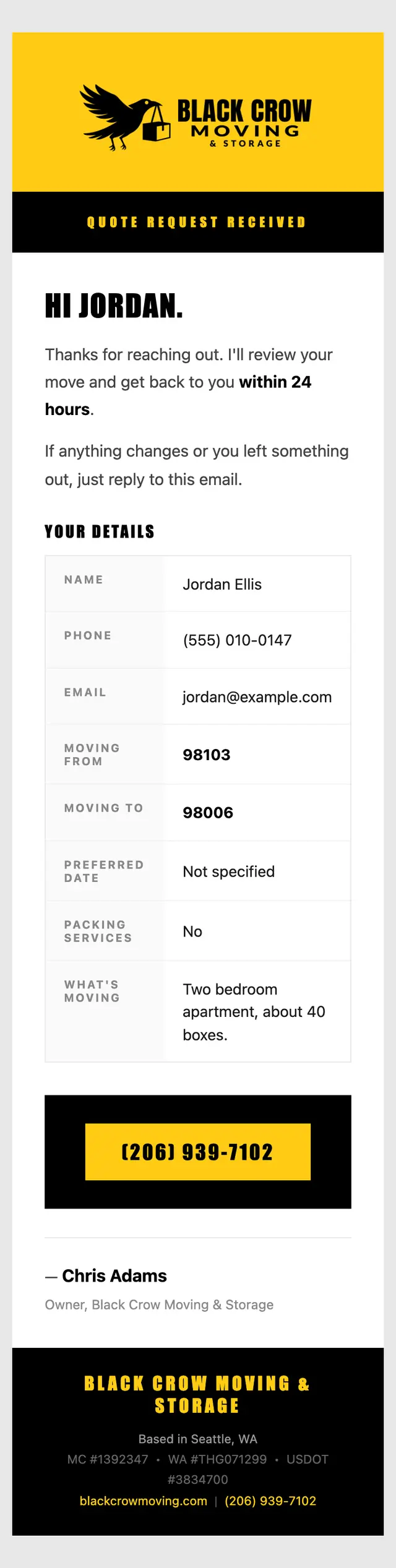 The confirmation the customer receives from the Black Crow Moving site