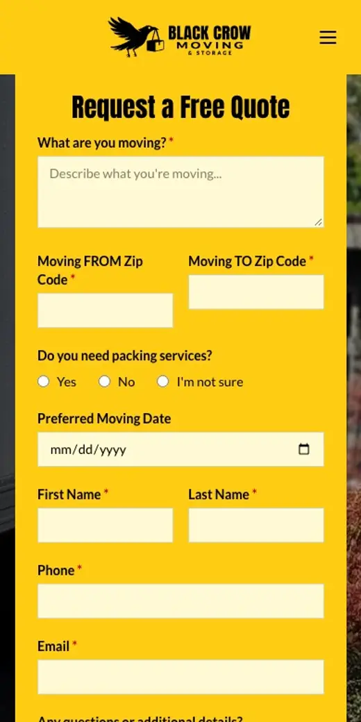 A recording of the quote form on the Black Crow Moving site, used on a phone