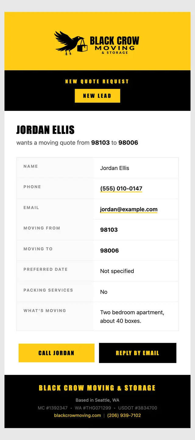 The email the Black Crow Moving site writes to the owner for a new request