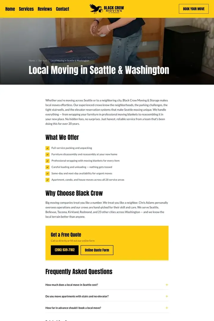 The local moving page on the Black Crow Moving site