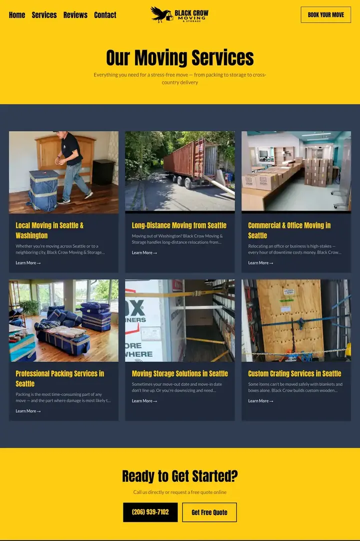 The services page on the Black Crow Moving site