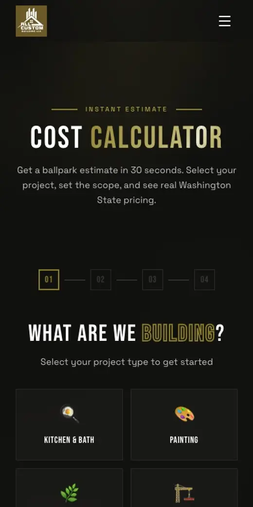 A recording of the cost calculator on the All Custom Building site, used on a phone