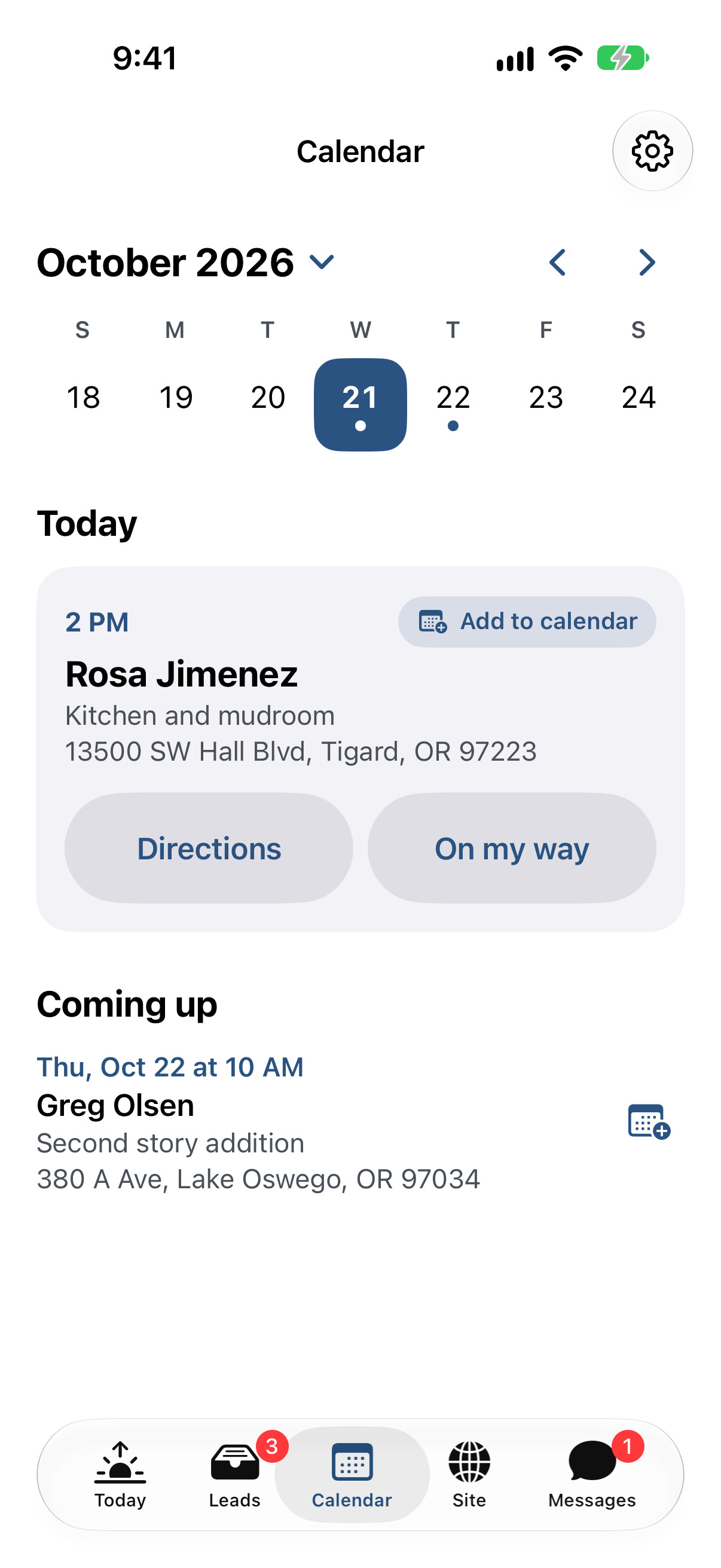 The calendar, with a site walk, Directions, and On my way