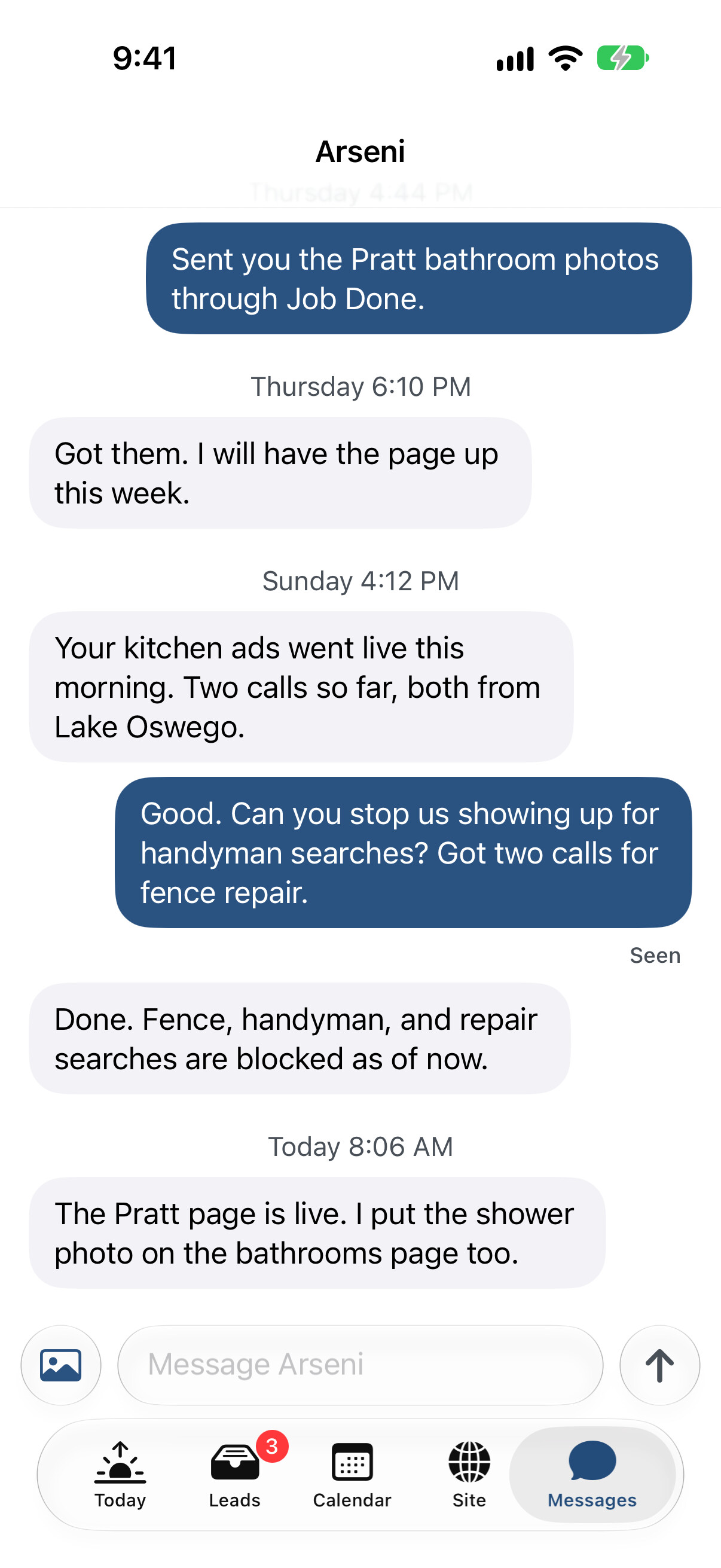The Messages tab, a thread between a contractor and Arseni