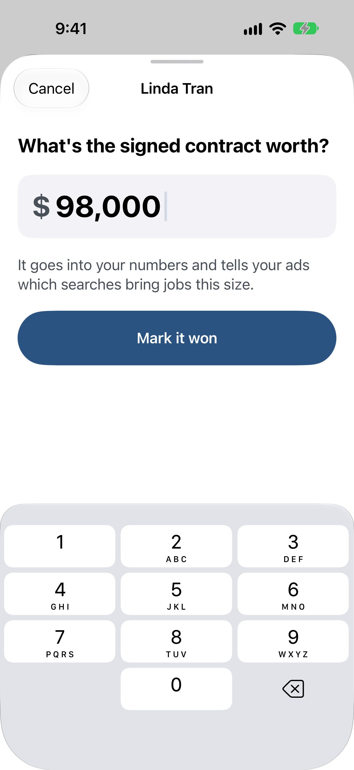 The Won screen, asking what the signed contract is worth