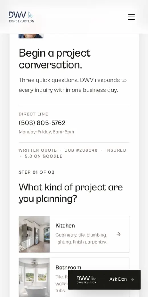 A recording of the estimate form on the DWV Construction site