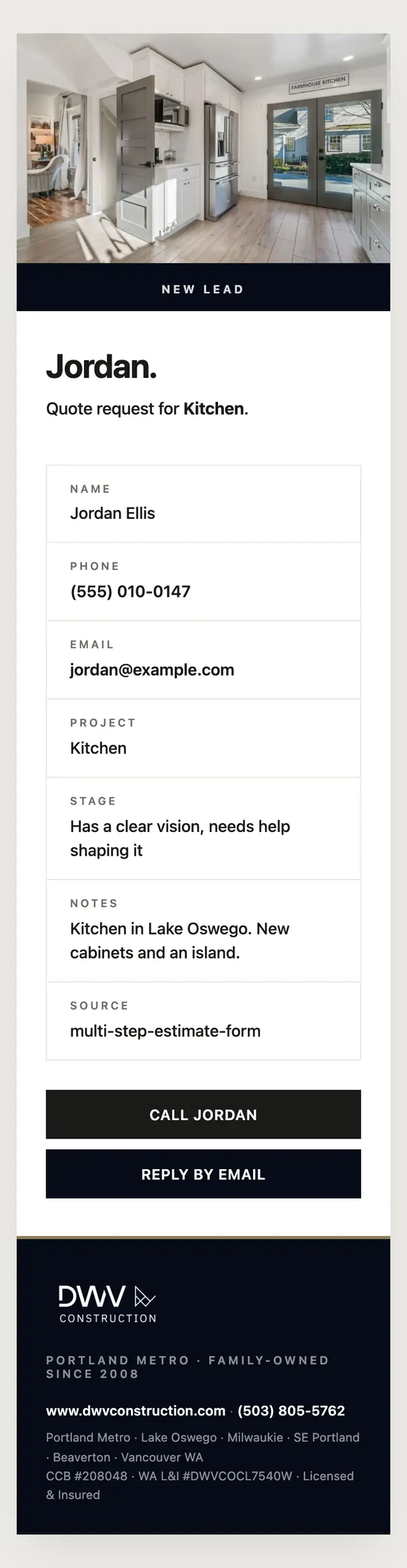 The email the remodeler receives for a new lead, with the project, the stage, and the notes