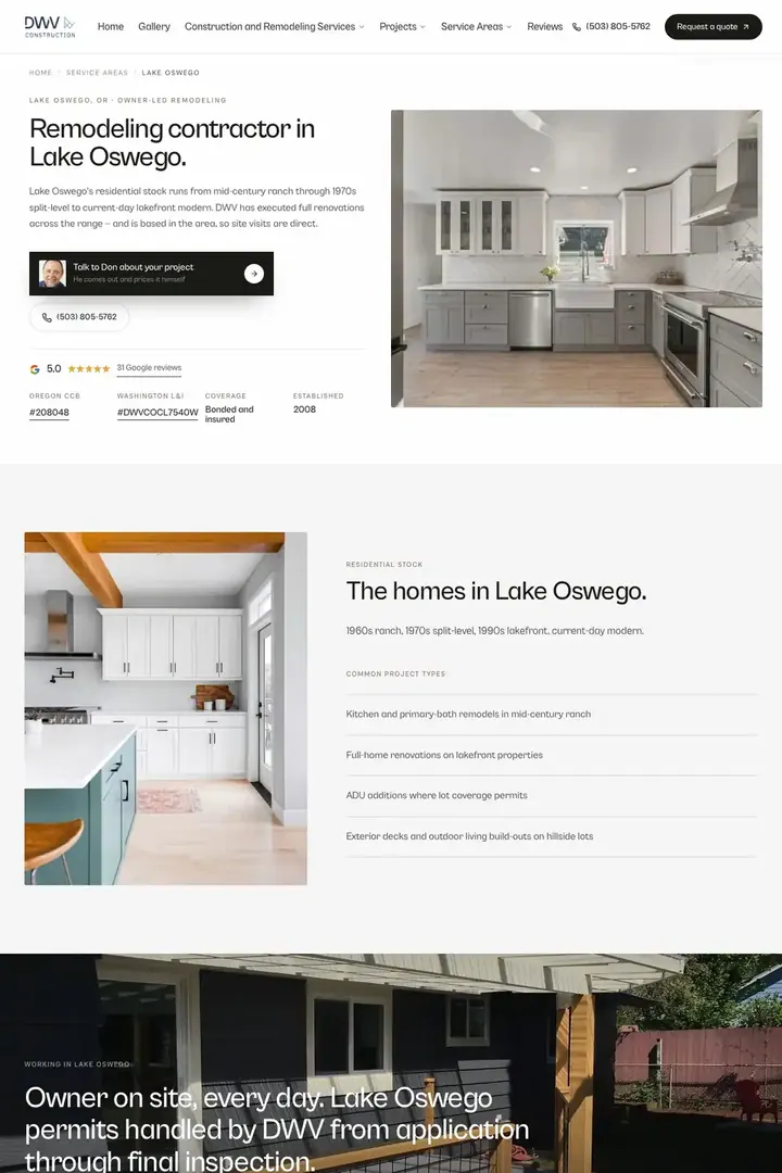 The Lake Oswego town page on the DWV Construction site