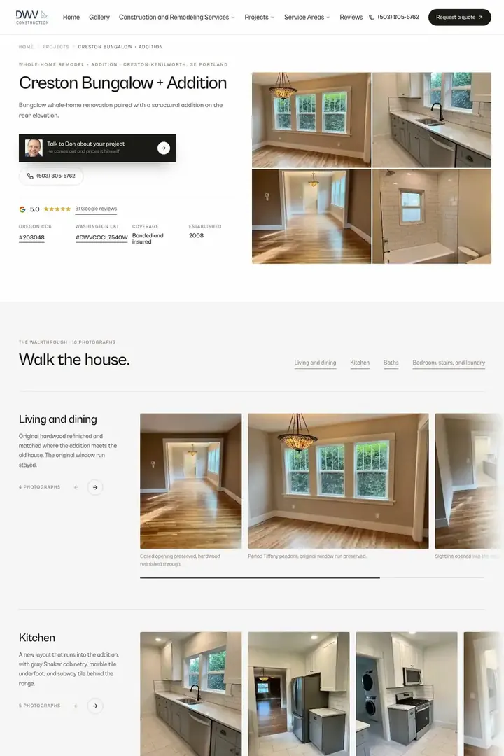 A project page on the DWV Construction site, a bungalow remodel with an addition