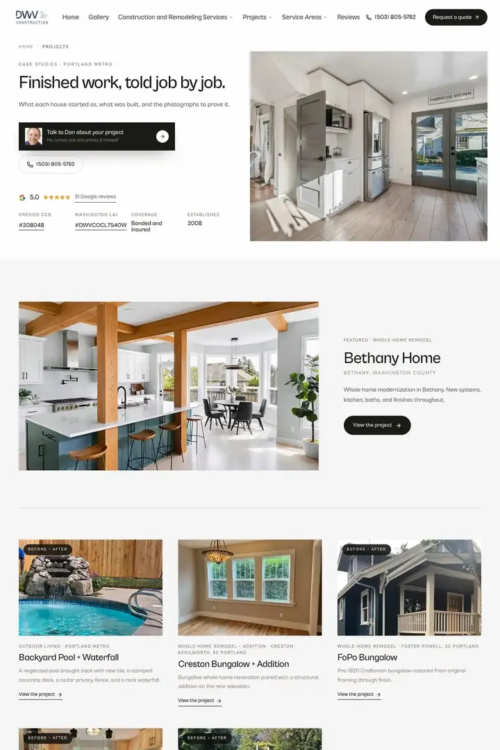 The projects page on the DWV Construction site, finished work told job by job