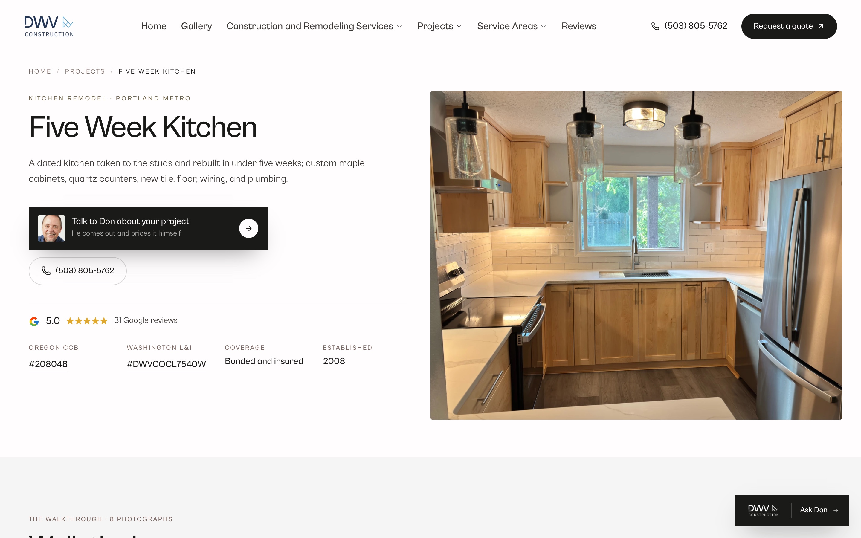 A project page on the DWV Construction site for a kitchen rebuilt in five weeks
