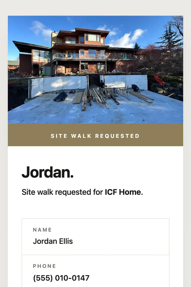 The top of the email the builder receives, a site walk requested for an ICF home