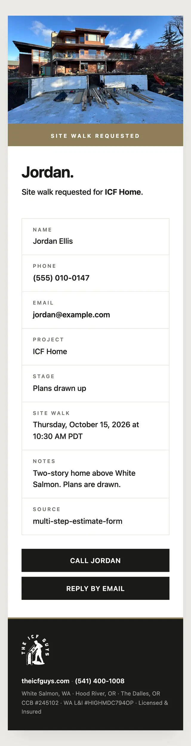 The email the builder receives when a site walk is requested, with the project, the stage, and the time