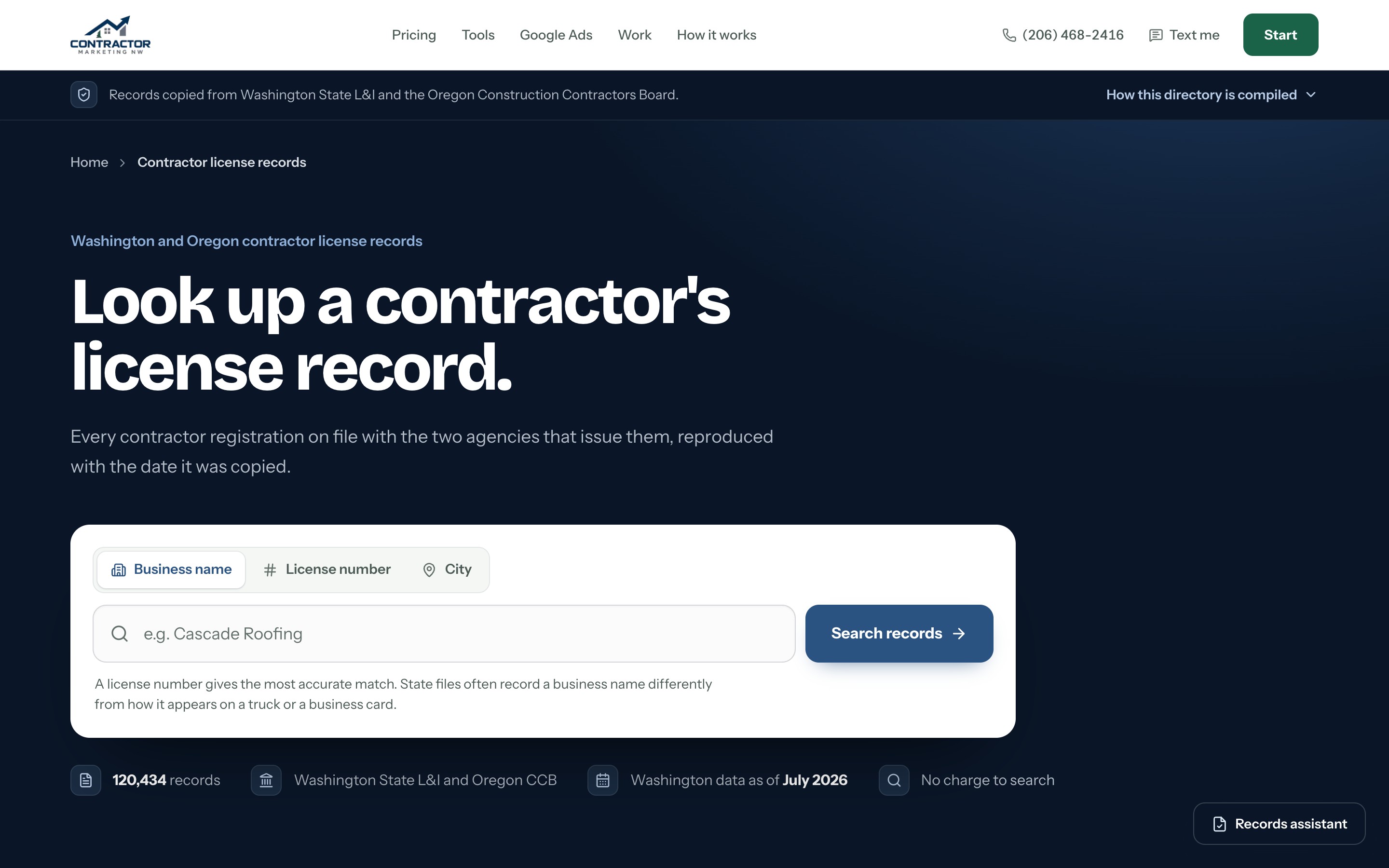 The home page of the license lookup, with the search box and the record count