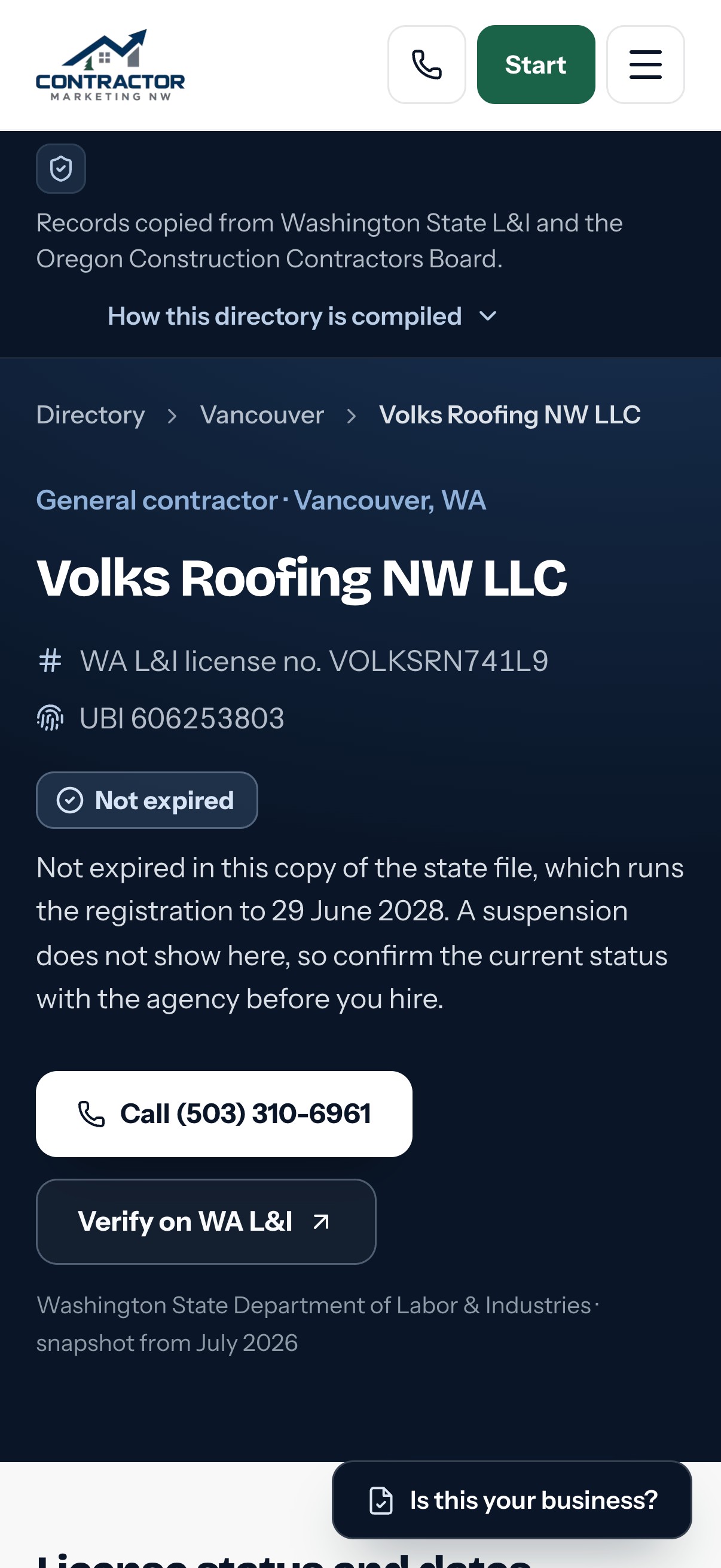 A contractor record on a phone, with the license number, the status, and a link to the agency