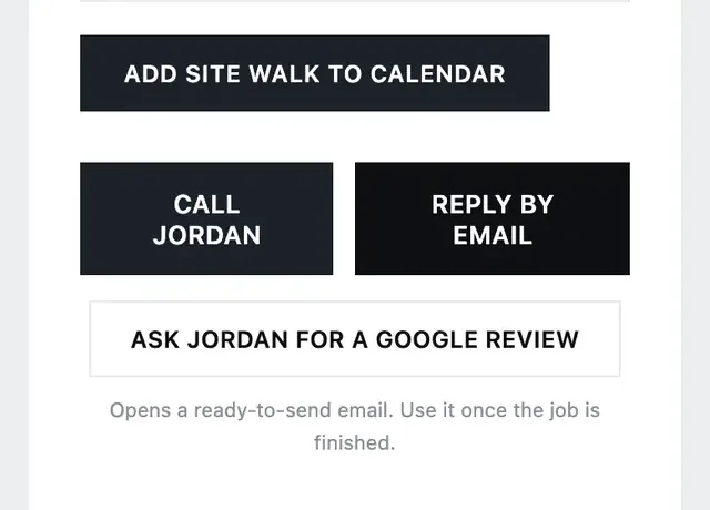 The buttons at the foot of the lead email, with one that asks the customer for a Google review