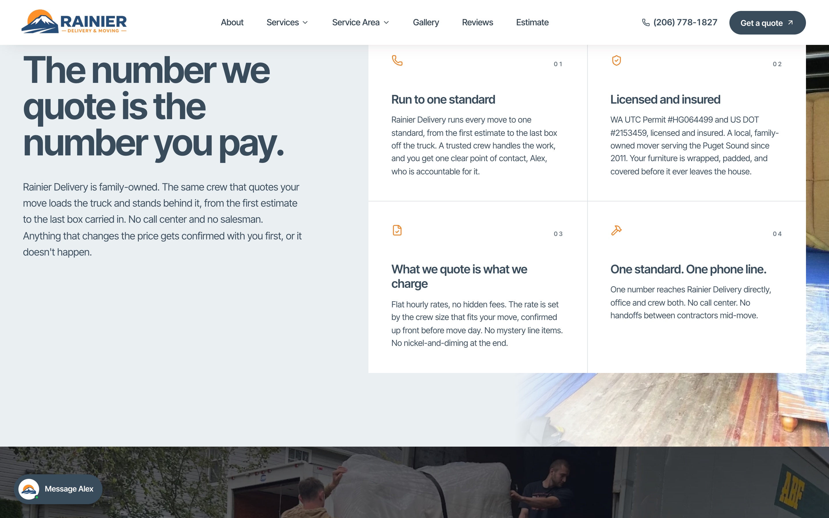 The pricing section of the Rainier Delivery home page
