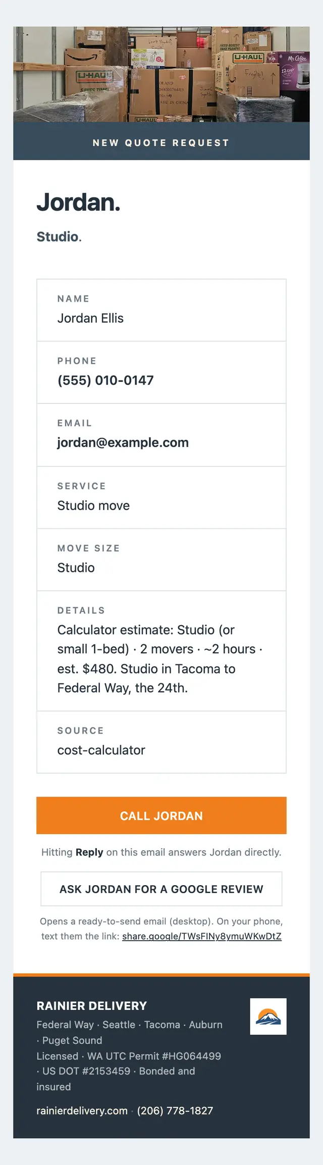 The email the mover receives for a new quote request, with the calculator estimate in it