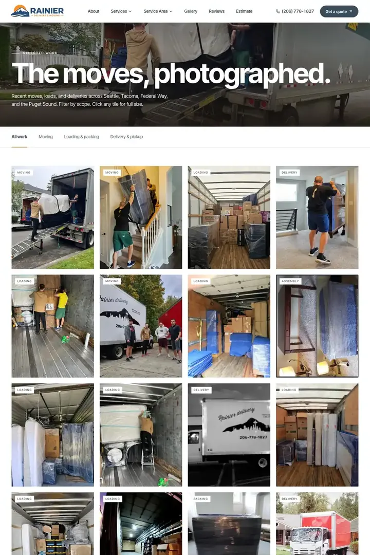 The gallery on the Rainier Delivery site, photographs of moves and deliveries