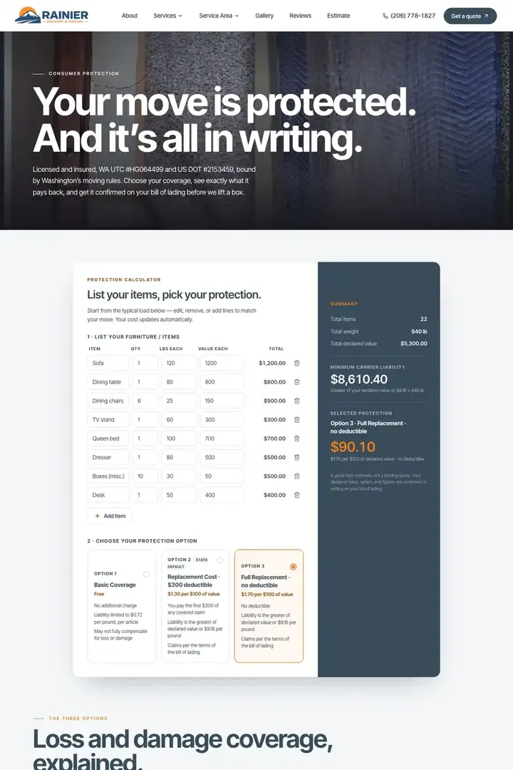 The consumer protection page on the Rainier Delivery site, with a coverage calculator