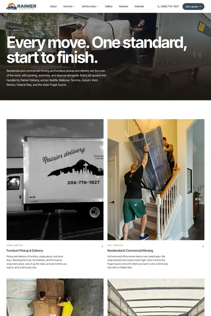 The services page on the Rainier Delivery site