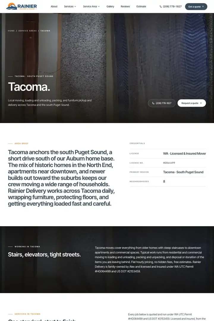 The Tacoma town page on the Rainier Delivery site