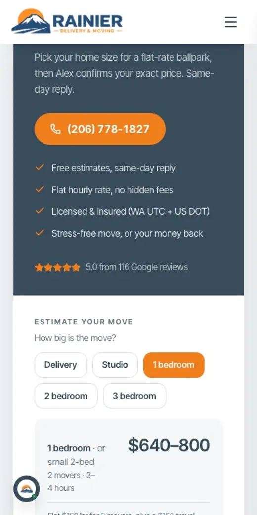A recording of the moving quote on the Rainier Delivery site, used on a phone
