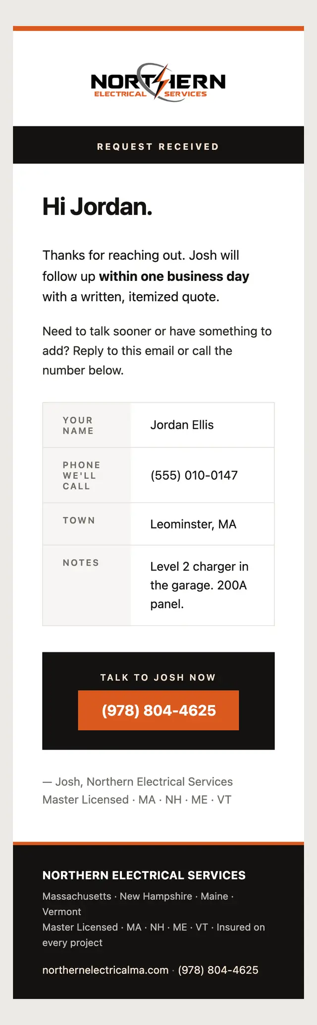 The confirmation the customer receives from the Northern Electrical site
