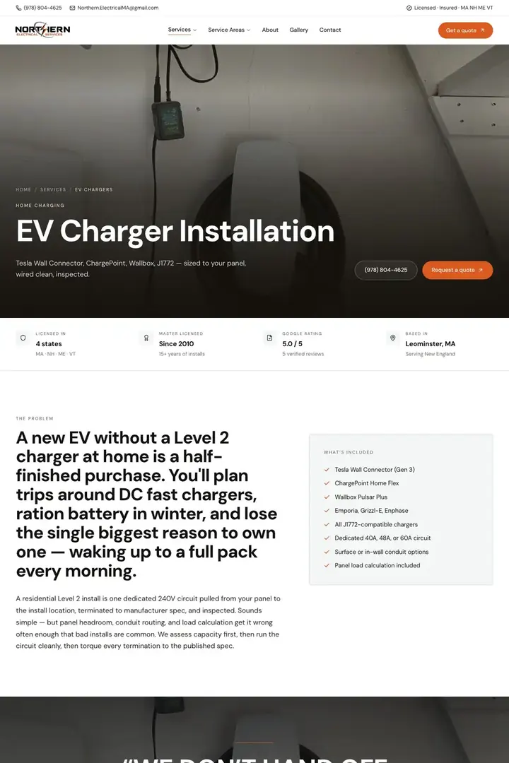 The EV chargers page on the Northern Electrical site
