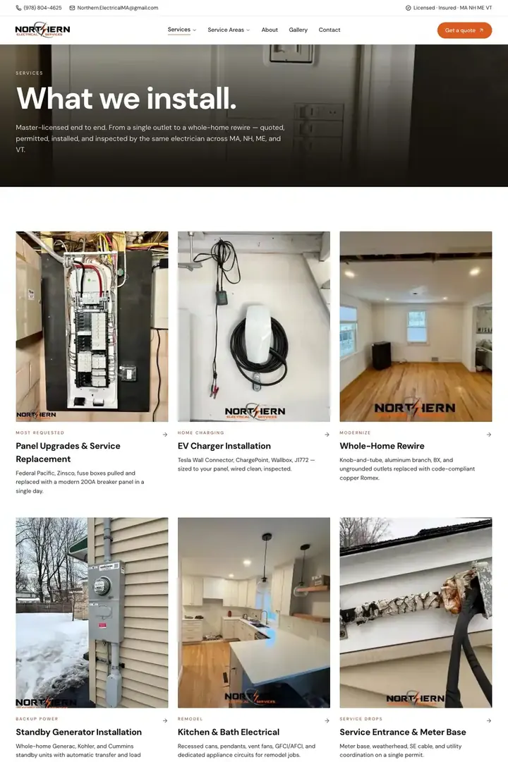 The services page on the Northern Electrical site