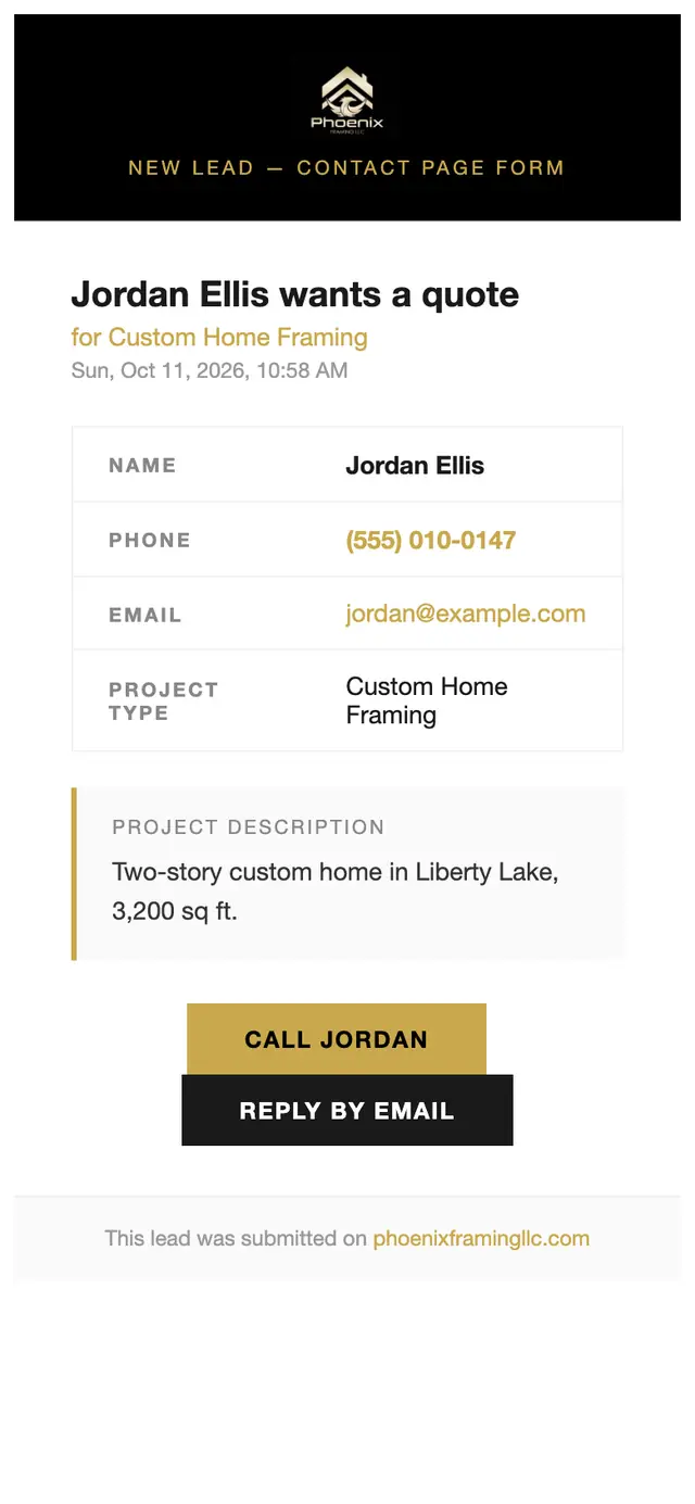 The email the Phoenix Framing site writes to the owner for a new request